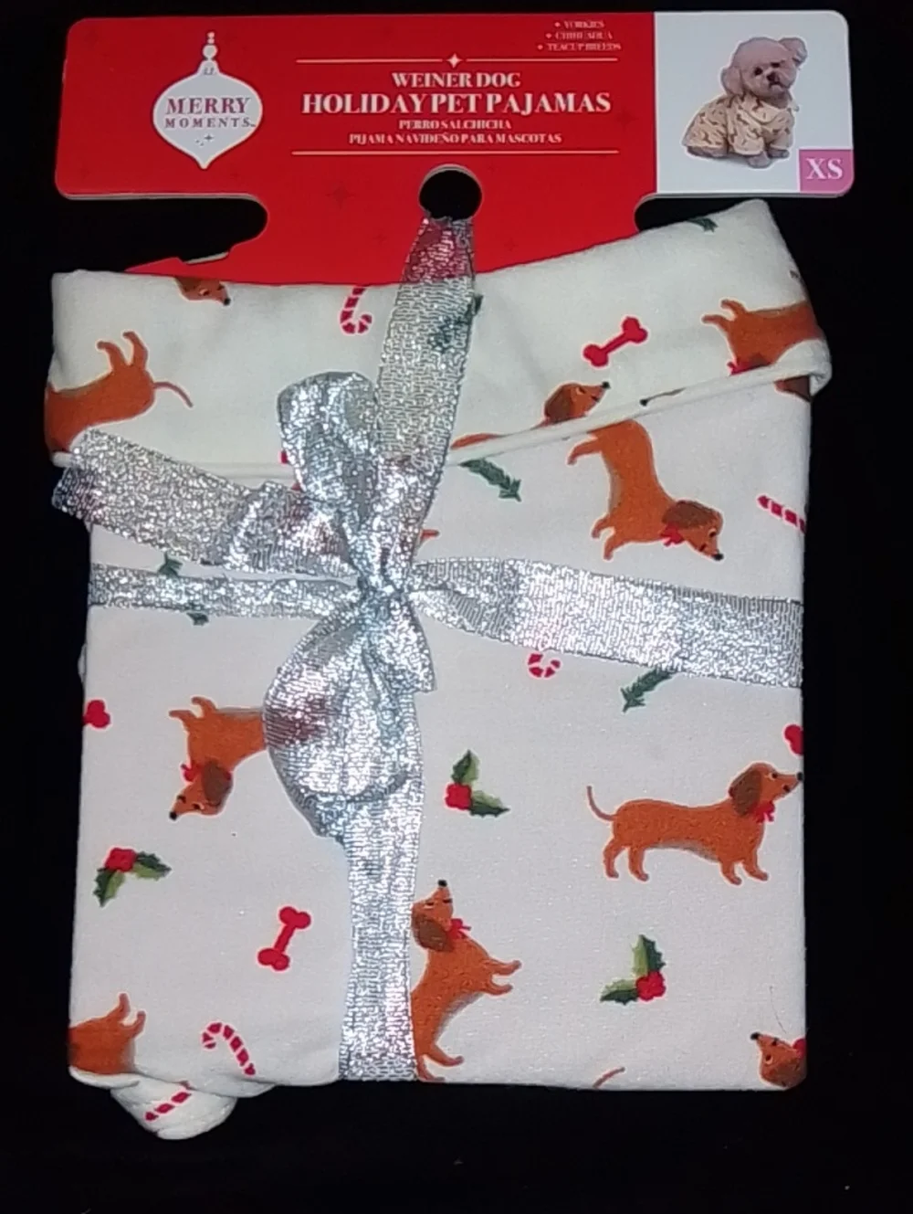 Pet XS Cream Holiday Pajamas with Dachshund Print